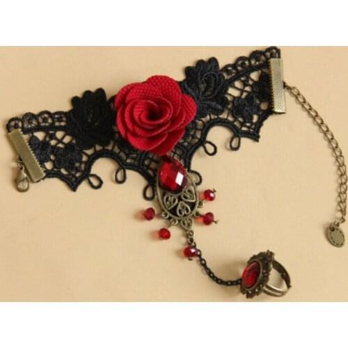 New Fashion Retro Metal bracelet Lace Red Rose Gloves Floral Women Mittens