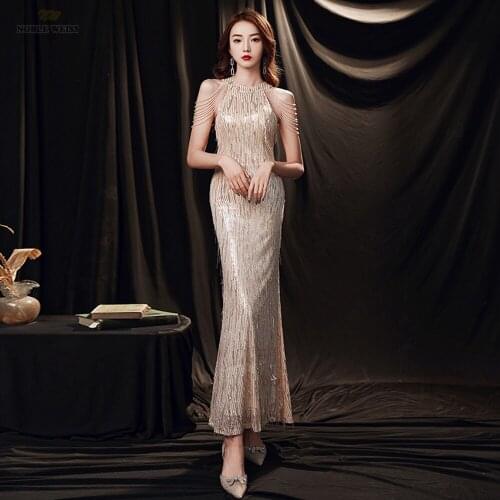 Prom Dresses Halter Tea-Length Evening Dresses Beading Sequined Dresses Woman Party Night Mermaid Prom Dress