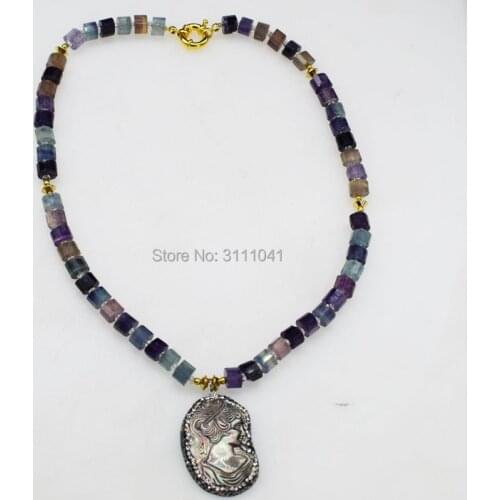 Fluorite purple roundel necklace pendant shell 19inch wholesale nature beads FPPJ gemstone