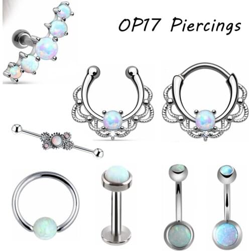 1pc Titanium Steel Opal Stone Septum Nose Ring Opal Ball Closure Nipple Lip Tragus Eyebrow Piercing Earring Rings Body Jewelry