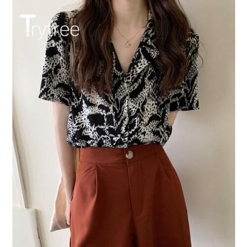Trytree 2020 Spring Summer Woman Casual Blouse Leopard print Turn-down Collar Single Breasted Fashion All-Purpose Style Blouse