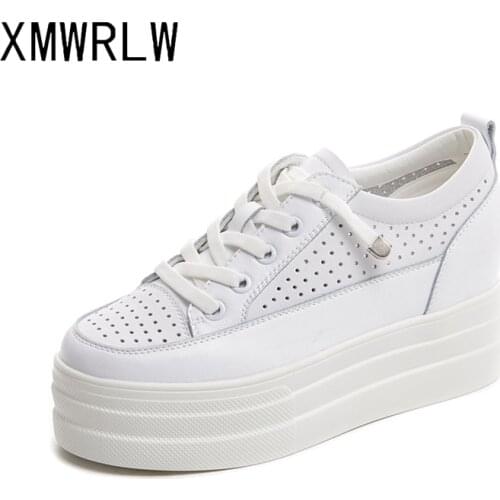 XMWRLW Hidden Heel Breathable Women Sneakers 2021 Spring Summer Genuine Leather Lace up Ladies White Shoes Women Chunky Sneakers