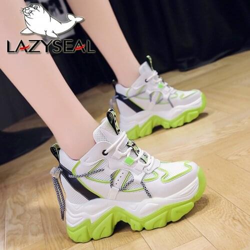 LazySeal 6cm Heel Platform Height Increasing Boots Woman Sneakers Air Mesh Ankle Boots Round Toe Chunky Heels Walking Shoes