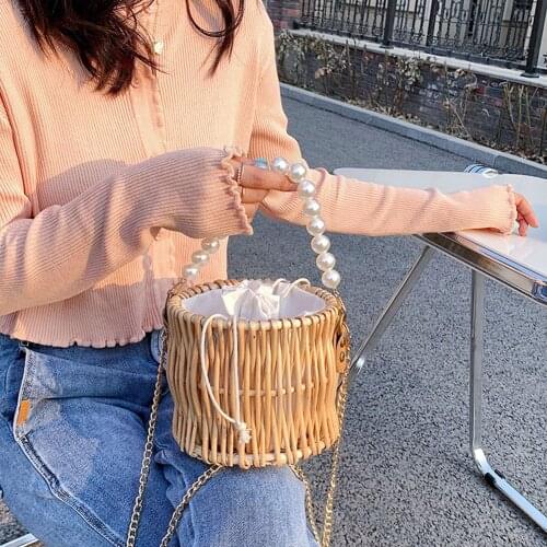 Womens Beading Chain Small Straw Bags Summer Rattan Weave Travel Shoulder Bag Beach Vocation Bucket Bag Female Crossbody Bags