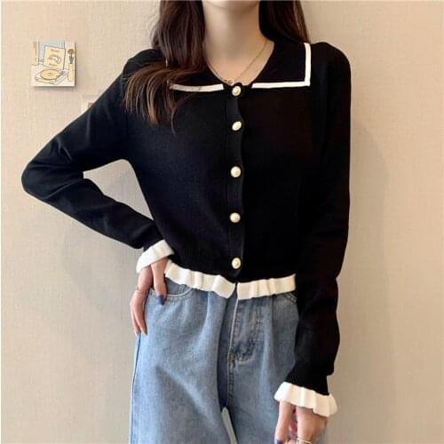 Zoki Chic Women Cardigan Sweater Fashion Single Breasted Loose Korean Long Sleeve Ruffles Soft Tops Knit Kawaii Black Sweater