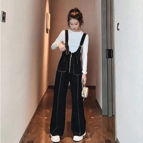 Spring Autumn New One Piece Jumpsuit Women Black Back Out Jumpsuits Korean Loose Wide-leg Pants Female