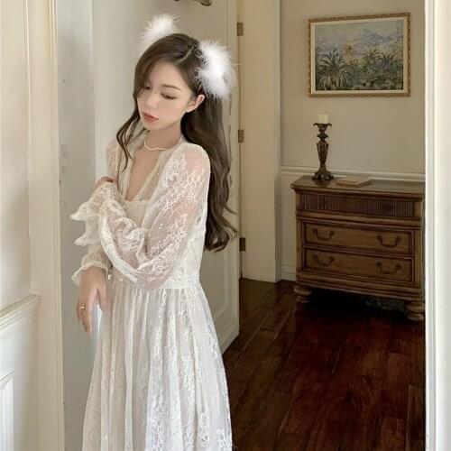 Fairy Elegant Dress Women Casual Party Vintage Dress Female Retro Long Sleeve Sexy Lace Dress Korean Spring Vestidos