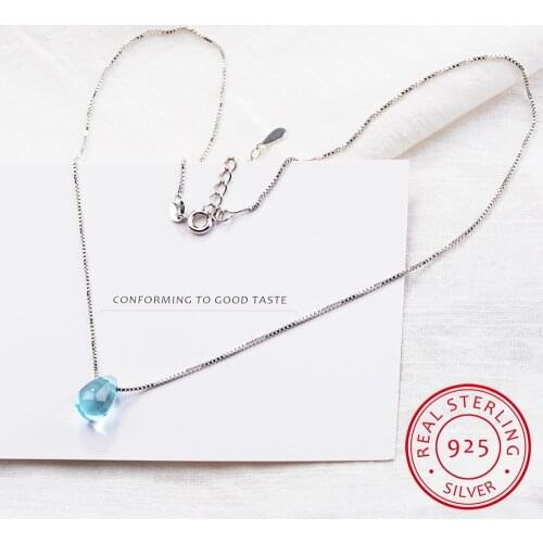 Beautiful Female Blue Crystal 925 Sterling Silver Jewelry Simple Water Drop Temperament Clavicle Chain Pendant Necklaces H368