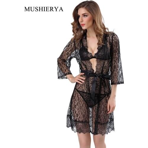 MUSHIERYA Lace Nightwear with Lace G-string and Bra Ladies Sexy Erotic Women Intimates Sexy Lingerie Lace Nightgowns Sexy Sets