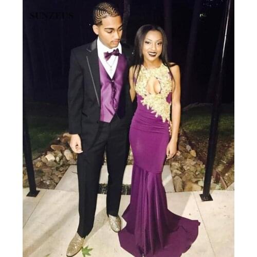 2019 Purple Prom Dresses With Gold Lace Appliques Mermaid Prom dress Long Elegant Black Girls cut-out Party prom evening Gowns