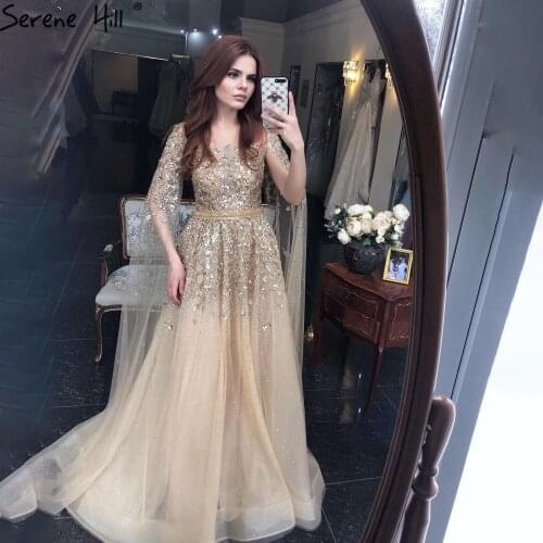 Serene Hill Dubai Gold Luxury O-Neck Sexy Evening Dress 2021 Crystal With Cape Sleeves Women Formal Party Wear Gown CLA70454