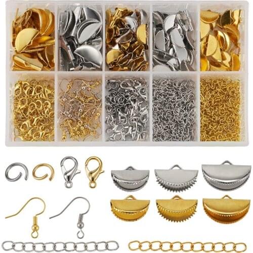 1 Set DIY Jewelry Kits Ribbon Ends Lobster Claw Clasps Jump Rings Brass Earring Hooks Iron Chain Extender for Jewelry Making