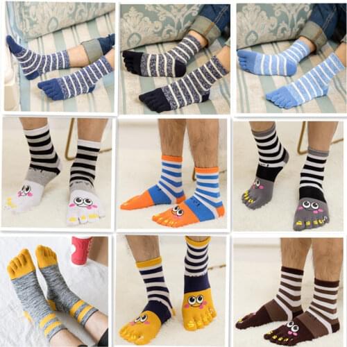 1 Pair Five Fingers Socks Mens Cotton Male Cartoon Cute Stripe Toe Socks