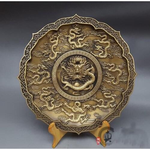 LARGE Southeast Asia FENG SHUI Mascot HOME office SHOP ART Money Drawing GOOD LUCK # Royal 9 Dragons Brass Decorative plate