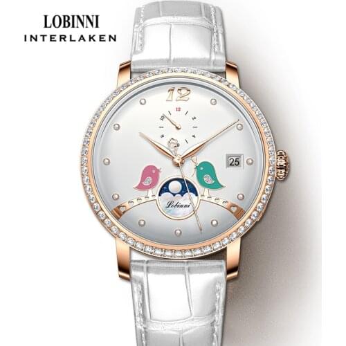 LOBINNI Women Watch Genuine Leather Strap Diamond Dial Moon phase Automatic Mechanical Watch Women Sapphire Crystal Female Watch