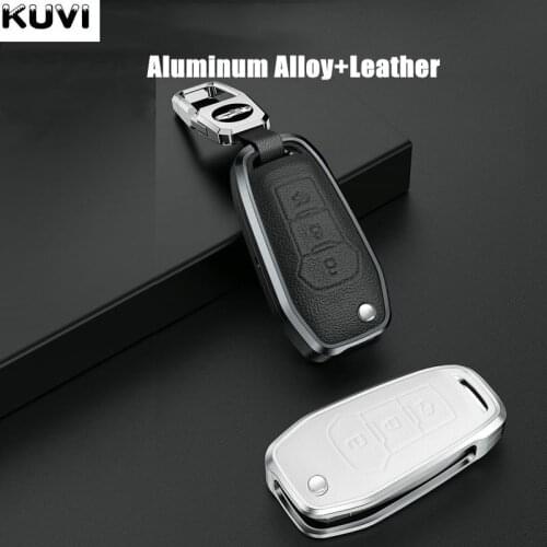 Alloy Leather Car Key Case Cover Shell Fob For Ford Fusion Fiesta Escort Mondeo Everest Ranger 3 Buttons Folding Key accessories