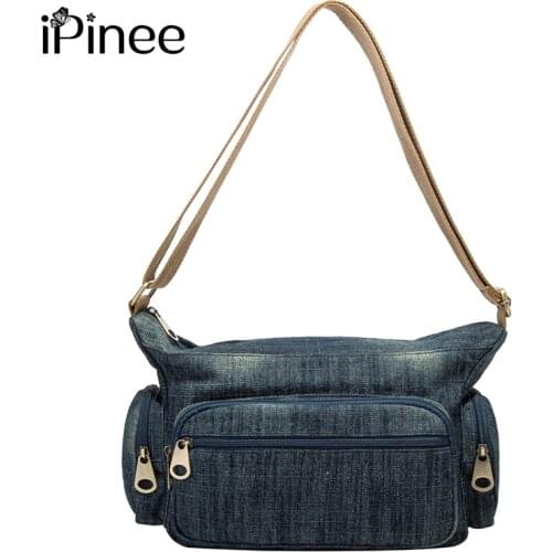 IPinee womens bag 2020 new high-quality denim ladies shoulder messenger bag designer multi-layer multi-pocket bag