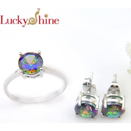 Fashion Luckyshine New silver Rainbow Zircon bridal accessories Jewelry Round Ring & Stud Earrings for Lovers' jewelry sets