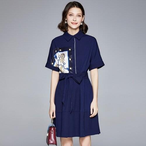 2021 new summer dress fashion foreign style Lapel waist lace up Tencel denim print damask skirt