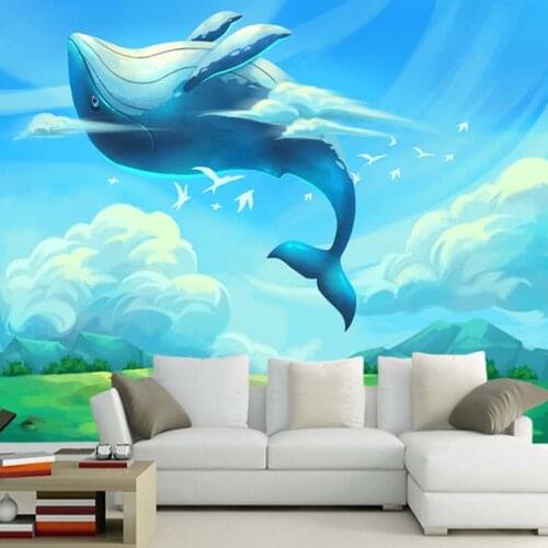 Papel de parede Whale under the blue sky cartoon wallpaper mural,living room sofa wall kids'bedroom wall papers home decor