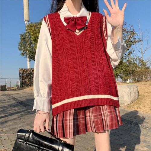 OLOMLB Japanese Style V-Neck Red Vest Soft Sweet Knit Clothing For Girl Summer All-Match Fashion Solid Cute Blouse Female