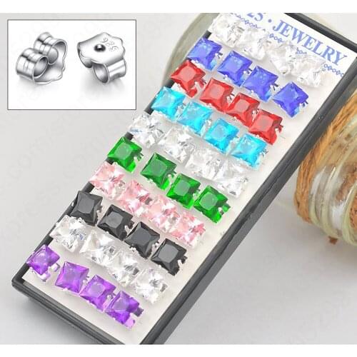Wholesale 80PCS(40prs) 925 Sterling Silver Stud Earrings AAA Square Rhinestone Jewelry With Box Sizes 6-8mm Multi Colors