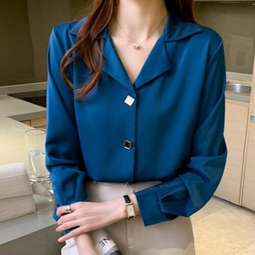 Autumn Winter 2020 Korean V Collar Shirt Female Long-Sleeved Casual Chiffon Solid Black Blusas Largas Women Clothing White 0888