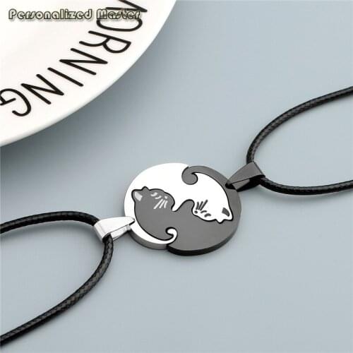 Personalized Master Customized Couple Names Necklace Stainless Steel Yin Yang Cat Lover Pendant Necklace Valentines Jewelry Gift