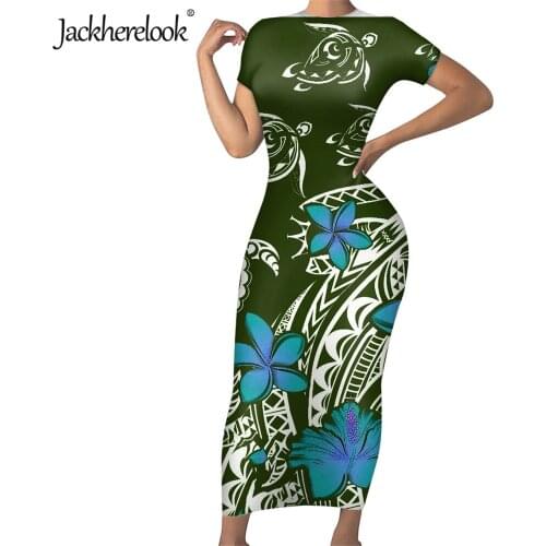 Jackherelook Womens Sexy Bodycon Pencil Dress Polynesian Samoan Turtle Hibiscus Printing Office Ladys Slim Midi Party Dresses