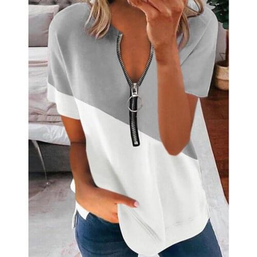 Casual Womens T Shirt Contrast Printing Zipper V Neck Summer Short Sleeved Top Tees Casual New 2021