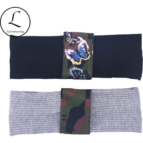 Casual Woman Butterfly Print Ribbon Headwear Thin Black Pink Stretch Cotton Ribbed Headbands Hair Bands Accessories Female Girls