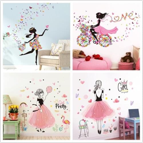 [SHIJUEHEZI] Cartoon Fairy Girl Wall Stickers DIY Butterflies Flowers Mural Decals for House Kids Room Baby Bedroom Decoration