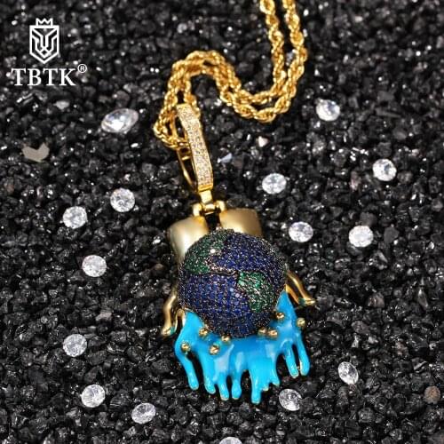 TBTK Hiphop Holding Protect Earth Pendants Iced Out Crystal CZ With Tennis Chain Necklace Men Women Rapper Jewwelry