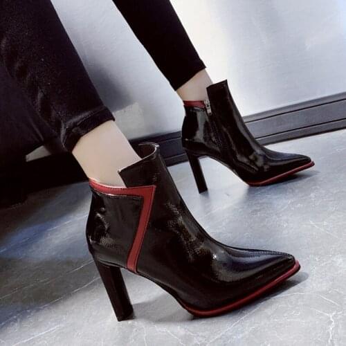 Womens Ankle Boots New Patent Leather High Heels Mixed Colors Pointed Toe Modern Boots Woman Shoes High Heels Sexy Single Boots