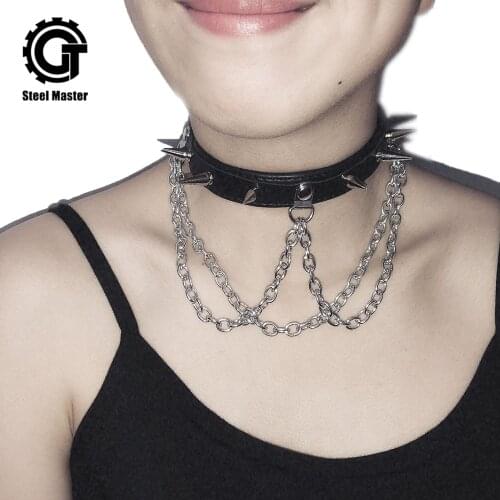 Steampunk Womens Choker Necklac Black Belt Metal Chains Party Accessory Rivets