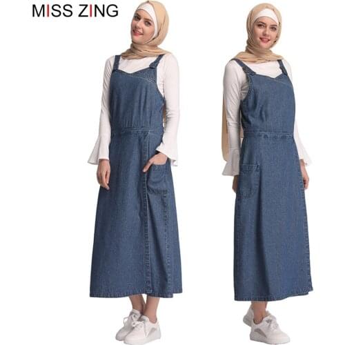 Zing Fashion Women Demin Belt Skirt Dress Overalls Rompers Elegant Leisure Muslim Bottoms Ankle-Length Party Islamic Clothing