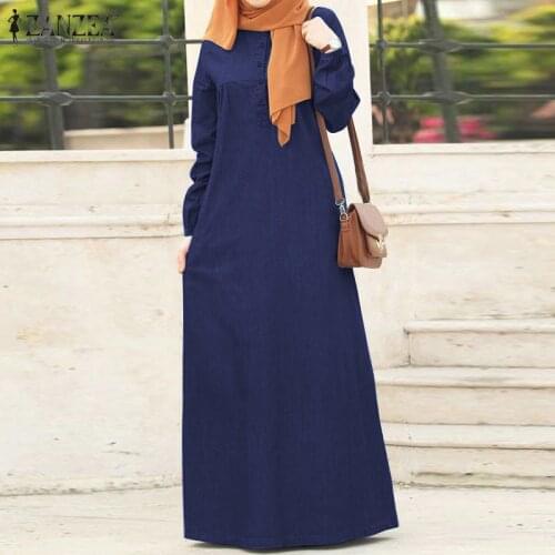 ZANZEA Women Long Sleeve Solid Maxi Sundress Vintage Autumn Denim Blue Dress Casual Buttons Kaftan Vestido Muslim Dress Robe 5XL