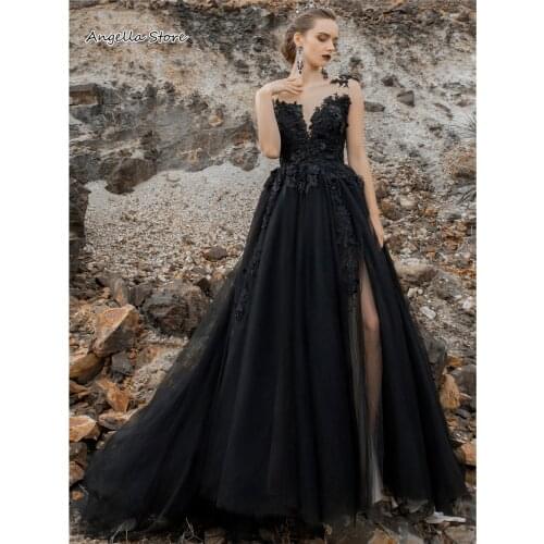 New Gothic Black Wedding Dress A Line Long Tulle Vintage Bridal Gowns Sleeveless Apppliques Lace Beads Side Split Beach Vestido