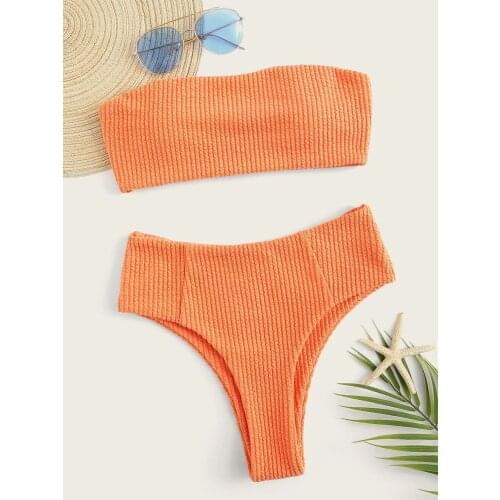 High Waist Bikinis Bandeau Swimsuits Swimwear Women Black Strapless Biquini High Cut Bathing Suit Women 2021 Beachwear