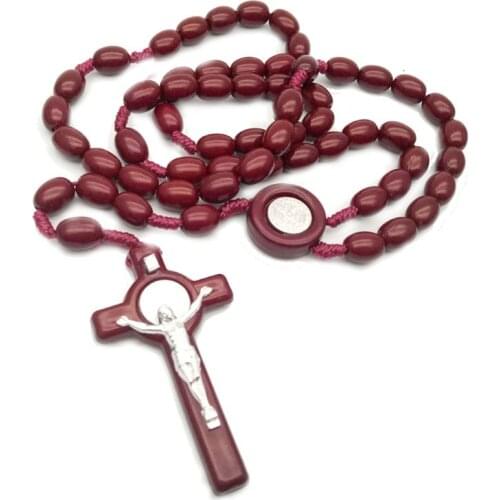 Jesus Wooden Beads 8mm Rosary Bead Cross Pendant Necklace Woven Rope Chain Jewelry Accessories