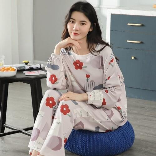 Long Pants Pijamas Mujer Leisure Loose Pyjamas Comfort Loungewear Nighty Sweet Flowers 100% Cotton Pajamas Set Long Sleeves