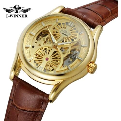 Skeleton Automatic Mechanical Watch Winner Gold Men Watches Leather Bracelet Sports Luxury Male Clock Wristwatch