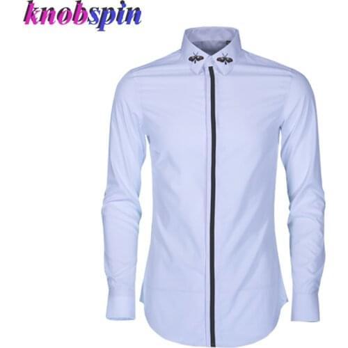2019 Brand Business male Dress Shirt Butterfly Embroidery Collar Long sleeve Camisas Patchwork Slim Casual men shirts Plus size