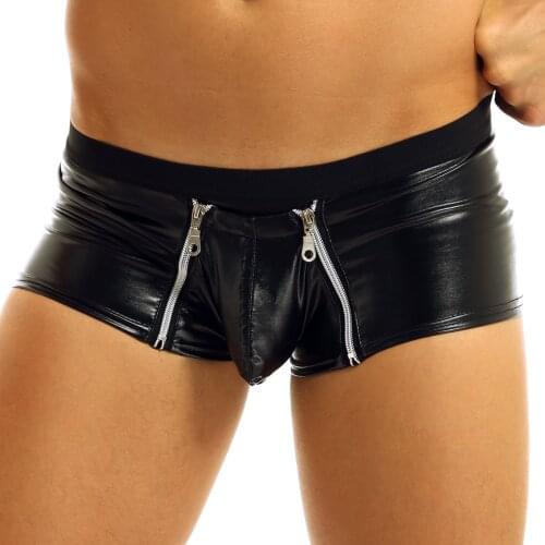Mens Lingerie Sexy Low Rise Open Crotch Zipper Boxer Briefs Shorts Wetlook Leather Booty Panty Homme Erotic Pole Stripper Trunks