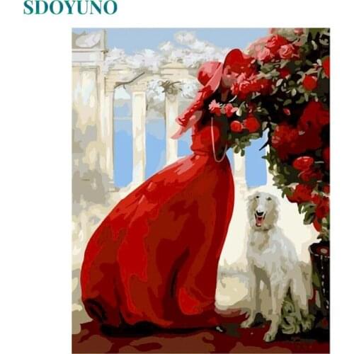 SDOYUNO Oil Paint By Numbers Kits Women And Dogs 60x75cm Painting By Numbers On Canvas Frameless DIY Draw Nmuber Home Decor