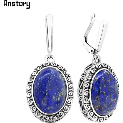 Natural Lapis Lazuli Earrings Snail Flower Pendant For Women Vintage Antique Silver Plated Fashion Jewelry Anniversary Gift
