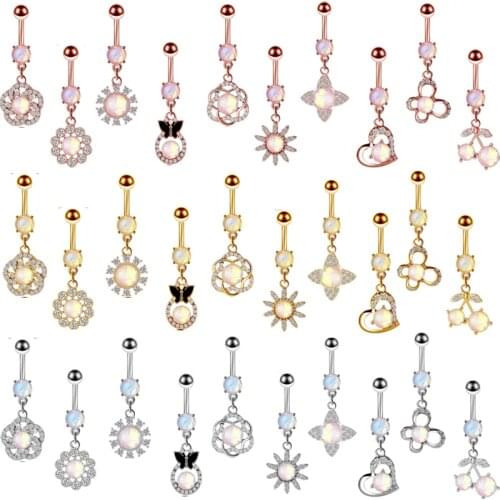 1PCS Heart Opal Belly Piercing Ring Dangle Stainless Steel Flower Navel Earring Sexy Rose Gold Body Piercing Ombligo Flor