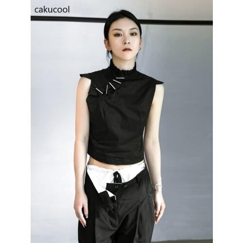 CakuCool Black Wind Thin Chinese Collar Buckle Short Vest T-Shirt Handsome Personality Sleeveless Comfortable Cotton Short