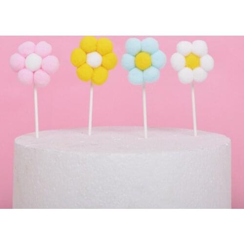 Happy Birthday Cake Topper Soft Pompom Flower Cake Decorations Baby Shower DIY Cake Top Flags Decoration Festival Party Supplies
