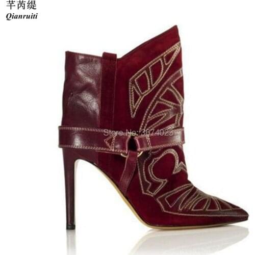 Qianruiti Runway Boots Women Embroidered High Heels Harness Strap Ankle Boots Women Pointed Toe Boots Western Women Shoes Winter